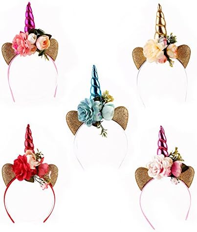 Unicorn Horn Headband,5 Pack Shiny Unicorn Horn Headdress Ears Flower Headband for Halloween Party Birthday Cosplay Costume