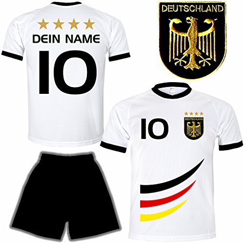Deutschland Trikot + Hose mit GRATIS Wunschname + Nummer + Wappen Typ #D 2019 im EM / WM weiss – Geschenke für Kinder,Jungen,Baby,.. Fußball T-Shirt personalisiert als Weihnachtsgeschenk