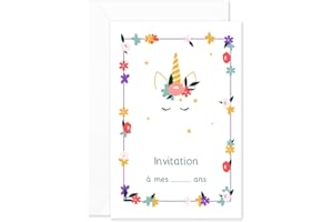 popcarte Invitation Anniversaire Fille • Lot de 16 Cartes & Enveloppes Blanches Incluses • Licorne Fleurie (Paillettes) • Carte Made in France 10x15cm • Idéal pour l'Anniversaire de votre enfant