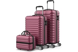 NUMADA - Set di valigie 3pzs (53/63cm) e borsa da toilette Bordeaux, ABS Resistente, Leggero con 4 ruote doppie e lucchetto combinazione laterale