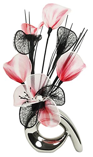 Flourish 792879 QH1 Silbervase mit roten, schwarzen und weißen künstlichen Nylonblumen, Deko, Geschenk, Heimzubehör, 32 cm
