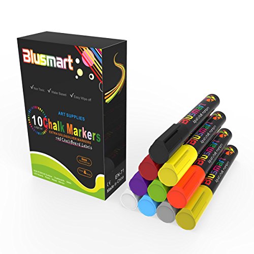 Kreidestift, Blusmart 10 Stück Kreidemarker farbig sortiert Löschbar Glas Fenster markier mit 40 Tafelaufkleber, Reversible Keilspitze 6mm, Kinderfreundlich - 6