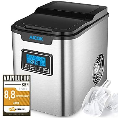 Aicok Machine à Glaçons, Machine a Glace Acier Inoxydable avec Réservoir 2.2 L, 9 Glaçons Par 6-12 Min, Produire 12kg De Glace Par Jour, 3 Tailles, Affichage-LCD, Fonction D'auto-nettoyage, 150W