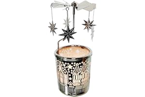 Kingnero Carousel Candle Rotating Rotary Candle Holder Spinning Tea Light Candlestick for Christmas (silver star)