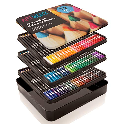 Artworx Premium Artist's Colour Pencils Tin - 72 Coloured Set - Perfect for Adult Colouring Books, Students or Kids School Supplies