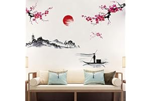 Fufuquare Adesivi da Parete Paesaggio in Inchiostro Giapponese Fiori Adesivi Murali Ciliegi Rosse Montagne per Stanza da Letto Salotto Sfondo TV