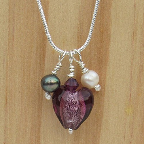 Purple Murano Glass Heart, Two Pearls Sterling Silver Charm Necklace. Gift Wrapped Jewellery by Lesley