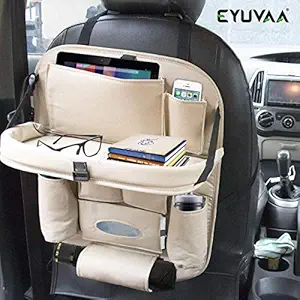 EYUVAA LABEL PU Leather Car Back Seat Organizer with Foldable Dinning Table Food Tray with Multi Storage Pockets for Tablet, Mobile, Bottle, Tissue Box and Umbrella Holder (Beige)