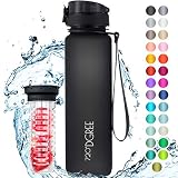 Trinkflasche “uberBottle“ - Wasserflasche aus Tritan 1 liter, 1000ml | Neuartige Flasche | Water Bottle - BPA Frei | Ideale Sportflasche für Kinder, Fitness, Fitnessstudio, Fahrrad, Sport, Fussball, Kindergarten, Kleinkinder | Auslaufsichere Fahrradflasche, Wasser Flasche, Sporttrinkflasche Schwarz, Black - Inkl. Frucht Sieb für Fruchtschorlen | +Bonus Abstract