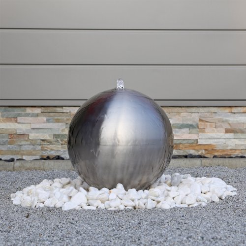 Edelstahl Gartenbrunnen ESB4 mit einer 38cm großen Edelstahl Kugel matt gebürstet und LEC Beleuchtung Kugelbrunnen - 2