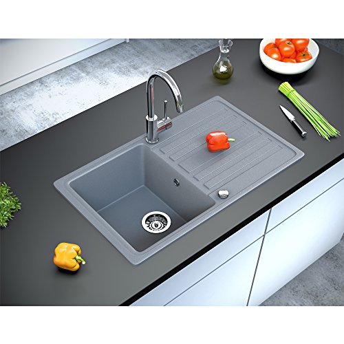 Spüle Granitspüle Küchenspüle Einbauspüle Auflage 760 x 460 mm + Drehexcenter + Siphon Spülbecken reversibel (Grau) - 5