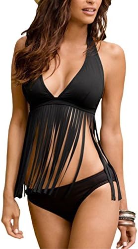 ASWER Women's Push Up Tassles Halter Backless Low Waist Two Piece Bikini Swimsuit Swimwear Beachwear Black M