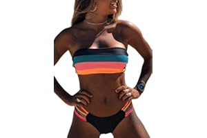 JFAN Mujer Conjunto de Bikini Dividido Colorido Rayas Sin Tirantes Cosido Sujetador Acolchado Sin Respaldo Push-up Bikinis Bottoms Ropa de Playa Traje de Baño
