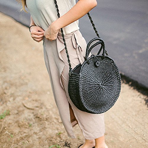 Preisvergleich Produktbild Outdoor Beach rund Stroh geflochten Beach Bag handgefertigt Schultertasche Travel Handtasche Sling Bag Umhängetasche für Frauen, schwarz