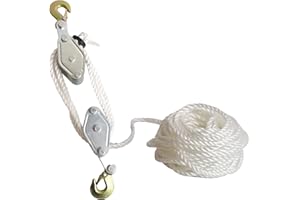Nisorpa 1.8 Ton Rope Hoist Pulley Block 4000 lbs Max Load Heavy-duty Steel Hooks Lifting Pulley Block, 20 m (65.6 ft) Nylon Rope, for Garage Warehouse lifting and moving heavy objects (White)