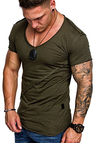 Amaci&Sons Oversize Herren Vintage T-Shirt V-Neck Basic V-Ausschnitt Shirt 6007 Khaki S
