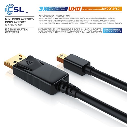 CSL – 3m (Meter) Mini Displayport (miniDP) auf Displayport (DP) Kabel | Zertifiziert | 24K vergoldete Kontakte | PC & MAC / MAC, MacBook Pro, MacBookAir, Lenovo, uvm. - 3