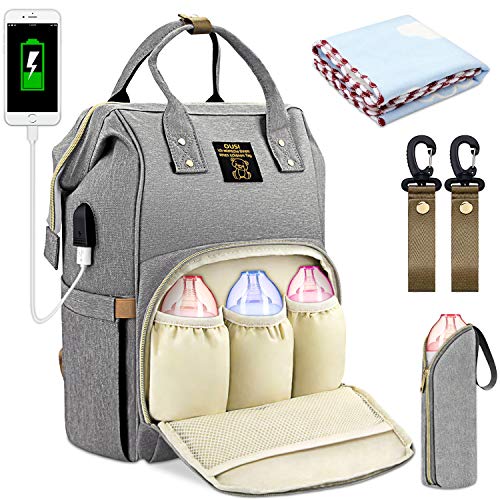 Preisvergleich Produktbild OUSI Baby Wickelrucksack Wickeltasche, multifunktionale wasserdichte Babytasche für Mama und Papa, Oxford Windelrucksack mit USB-Ladeanschluss, Kinderwagengurte, Wärmetaschen und Kindertuch - grau