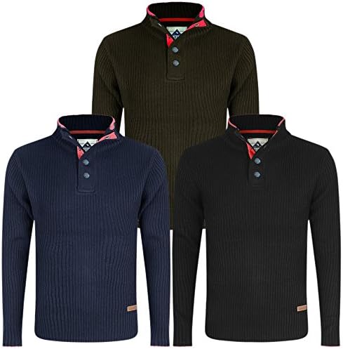 STALLION CREW NECK JUMPERS : Stylish High Collar with red contrast Knitted Pullover, Sweatshirt, Pulli, Jumper for Men (Colors: Black, Navy Blue, Olive Green / Sizes: S M L XL XXL) (Large, Navy Blue)
