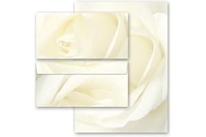 20 pezzi Set completo Fiori & Petali, Amore & Matrimonio, ROSA BIANCA 10 fogli di carta da lettera e 10 buste DIN LANG (senza finestra) | Paper-Media