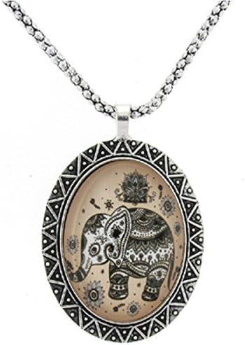 Vintage Tattoo Indian Elephant Glass Cameo Oval Pendant Necklace Chain