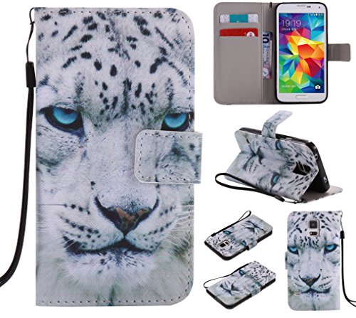 Feeltech Samsung Galaxy S5 Hülle PU-Leder und Brieftasche Bunte Muster Fall mit Magnetverschluss, Hybrid-Kickstand mit Stand-Funktion, schlagen Sie schützende weiche TPU Stoßstangenabdeckung und Kreditkartenhalter für Samsung Galaxy S5 Handgelenk Bügel-Buch-Art-Geldbeutel-Tasche mit 2 In 1 Berühren Sie Stift – White leopard - 8
