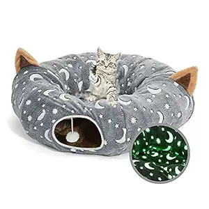 LUCKITTY Cat Tunnel Bed Tube with Cushion and Plush Ball Toy Playground Crinkle Collapsible Self-Luminous Flannel Fabric 3FT for Large Cats Kittens Kitty Small Puppy Grey