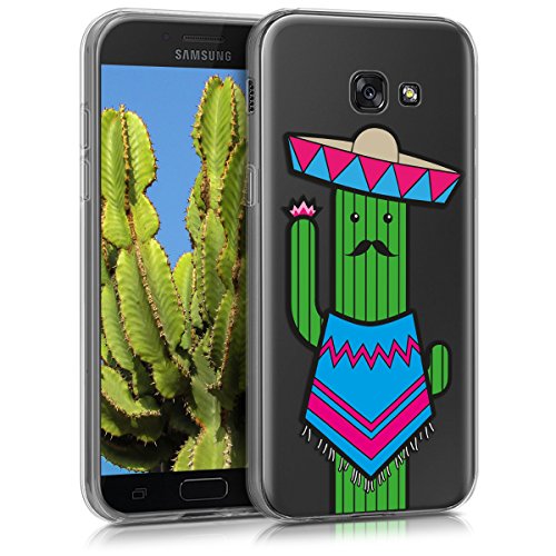 kwmobile Funda para Samsung Galaxy A5  2017  - Carcasa Protectora de  TPU  con dise  o de Cactus con Bigote en  Azul Verde Transparente 