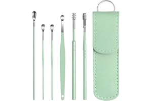 TOOLOFLIFE Kit de nettoyage de la cire d'oreille en acier inoxydable 6 pièces Outils de nettoyage d'oreille curette avec sac portable (bleu)
