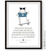 ABOUKI Kinder Poster Kinderzimmer Kunstdruck Bild - ungerahmt - mit Bär und Skateboard Motiv "Frech und wild", personalisierte Geschenkidee mit Wunschnamen und Datum Baby Mädchen Junge Kind Wandbild Geschenk Taufe Taufgeschenk Namensdruck Geburtsdruck