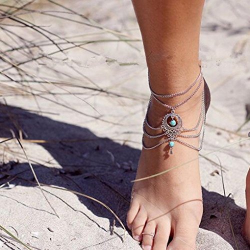 Ularmo Frauen Strand barfuß Sandal Foot Türkis Schmuck Fußkette Kette Quaste - 4