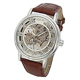 SEWOR Skeleton Mens Analog Mechanische Handaufzug-Uhr mit Lederarmband SEW847 (White)