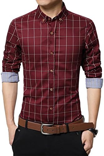 Men's Dress Shirts Cotton Long Sleeve Plaid Slim Fit Casual Snap Buttons Plaid Dress Shirts