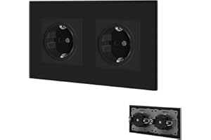 BSEED Enchufe de pared con Panel de cristal,Negro Doble Schuko Enchufe con clips,16A 250V Tomas de corriente empotradas,Enchufe de pared aplicar para Cocina, Dormitorio,Oficina, Hotel, etc