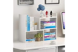 Hossejoy Wood Adjustable Bookshelf Bookcase, Expandable Desktop Storage Organizer Display Shelf Rack, Office Supplies Desk Organizer,White