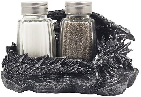 World Of Wonders Mythical Sleeping Dragon Glass Salt and Pepper Shaker Set with Decorative Holder Display Stand Figurine for Medieval Kitchen Decor Sculptures & Gothic Dining Room Table Cent