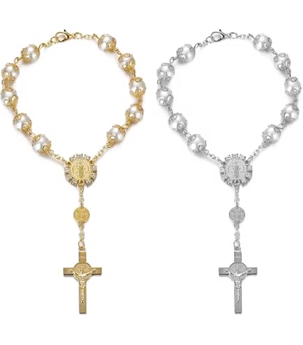 Rosario Per Specchietto Retrovisore Auto – Argento, Con Perline Medaglia E Croce, Accessorio Interno Auto Uomo/Donna - 5