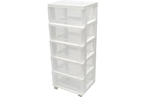 DCSYOG Cassettiera con 5 cassetti e rotelle, torre portaoggetti in plastica, cassettiera arrotolabile, organizer per cucina, bagno, soggiorno, ufficio (bianco)