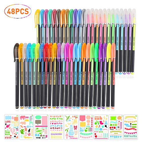 BBLIKE 48 Colores Bolígrafos de Gel para colorear y 9pcs Plastico Plantillas Dibujo Stencil Bullet Journal para - Incluye purpurina, metálico, neón y clásicos - Para scrapbooking, colorear