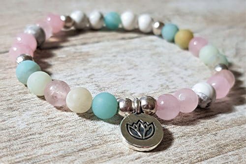 Hope, Love &amp; Strength Gemstone Bracelet with Rose Quartz, Amazonite, Howlite &amp; Lotus charm - Healing