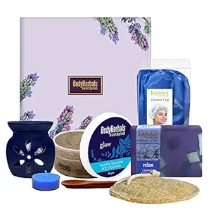 BodyHerbals Lavender Spa Collection Gift Set for Birthday,Wedding & Anniversary , (Lavender Vanilla Body Polisher ; Lavender Bathing Bar; Shower Cap; Natural Loofah; Aroma Diffuser ; 2 Tea Lites) Bath & Body Spa Kit