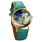 JewelryWe Damen Mädchen Armbanduhr, Retro Weltkarte Globus Karte Analog Quarz Uhr mit Leder Armband, Farbe: Grün