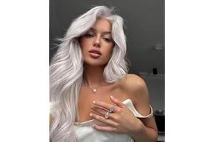 VEBONNY Silbergraue Perücken für Cosplay Synthetisches lockiges Lace Front Hellgraue Perücke mit Mittelscheitel Klebstofffreie Perücke 22 Zoll VEBONNY-039-NEU