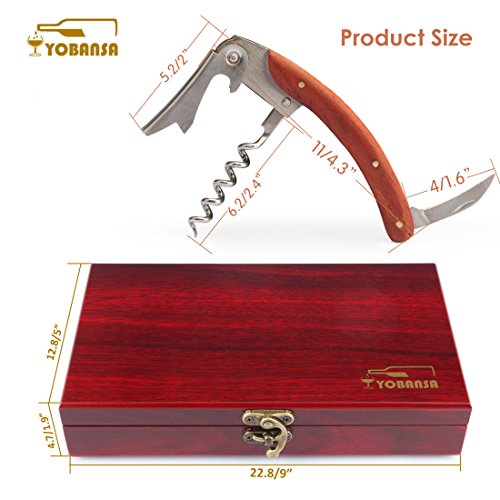 yobansa 3 in 1 Kellner-Korkenzieher, 5 Stück Wein Zubehör Set, Flaschenöffner, Wein Stopper, Wein Ausgießer, Wein Ring und Thermometer-Set in Holzbox Reddish Box M5pcs - 2