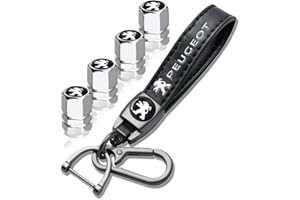 CUPLES Cuir Noir Porte-clés de Voiture pour Peugeot 107 207 407 408 206 306 307 308 406,Capuchons de Valve de Voiture en métal,Porte-clés pour Hommes Femmes