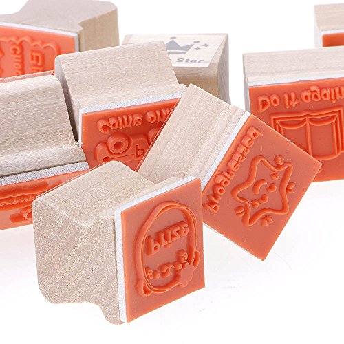 ?HuntGold 15 Stück Cartoon Holz Mini Stempel Lehre Kommentare Ermutigen Kinder Briefmarken - 5