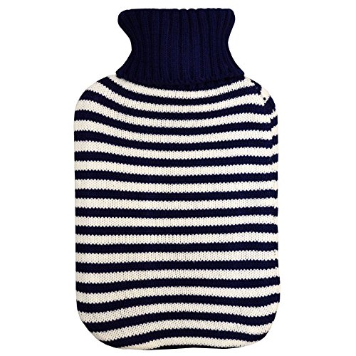 Full Size Hot Water Bottle With Knitted Cover - Blue Stripe