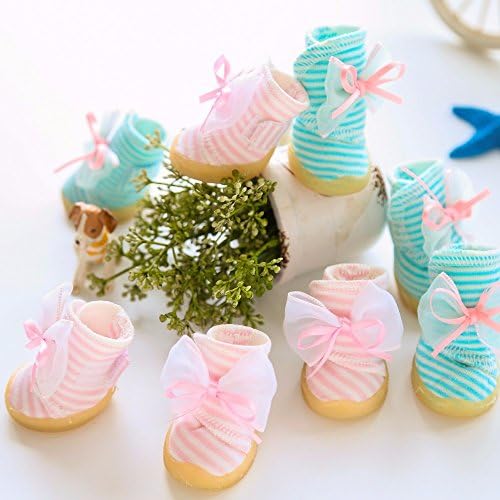 4 Pcs/set Hot Sale Rushed Fresh Bow Decor Color Dog Shoes For Pet Beef Tendon At The End Of Wear-resistant Anti-skid Fashion ,Blue,2