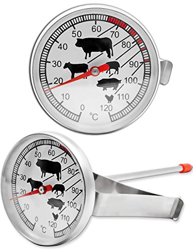 HOMETOOLS.EU – Temperaturbeständiges analoges Back Küchen Lebensmittel Fleisch BBQ Grill Koch Thermometer | mit Halterung für Topf, Grill, Bräter | 0°C - 120 °C | für Niedrigtemperatur Garen, Pulled Pork, das perfekte Steak, saftigen Braten