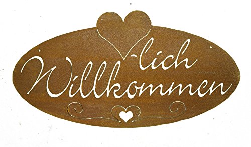 Edelrost Herzlich Willkommen Schild Oval mit Herz 55 cm breit